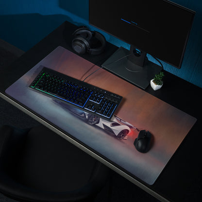 Apollo intensa emozione inspired hypercar gaming mousepad with high-resolution white sports car print and red lighting details
