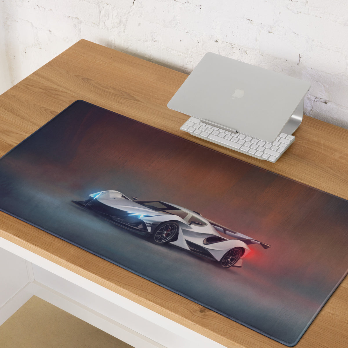 Apollo intensa emozione inspired hypercar desk pad featuring a sleek white and black futuristic sports car with glowing lights