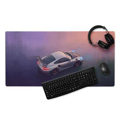 Silver porsche 911 gt3 rs inspired aerial edition desk mat with sports car graphic for low friction gaming use