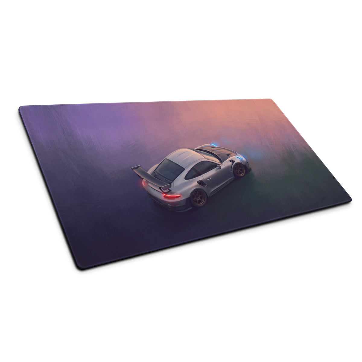 Silver porsche 911 gt3 rs inspired sports car graphic on low friction gaming mousepad with purple orange gradient background