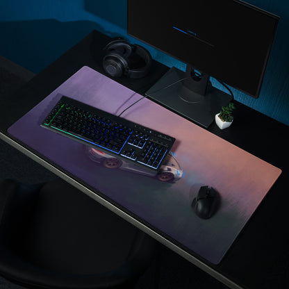 A sleek rectangular Porsche 911 GT3 RS inspired low-friction gaming mousepad with a purple to pink gradient and racing car graphic