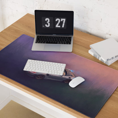 Purple gradient low-friction gaming mousepad featuring a silver Porsche 911 GT3 RS inspired sports car graphic with blue accents