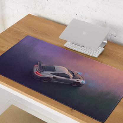 A sleek silver Porsche 911 GT3 RS graphic on a purple pink gradient low-friction gaming desk mat mousepad