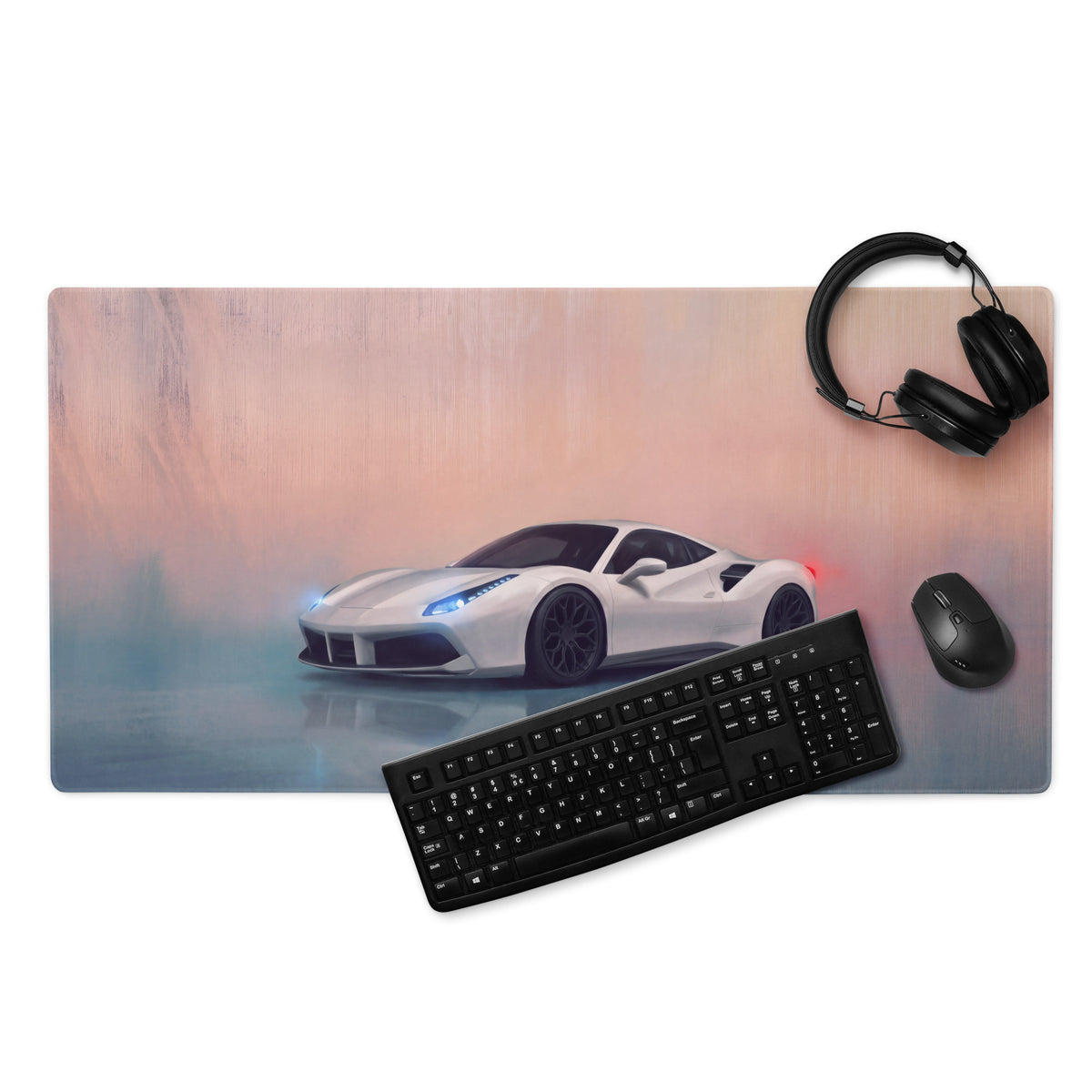 Ferrari 488 gtb inspired bianco edition desk mat featuring a white ferrari sports car graphic on a high-precision xl gaming mousepad