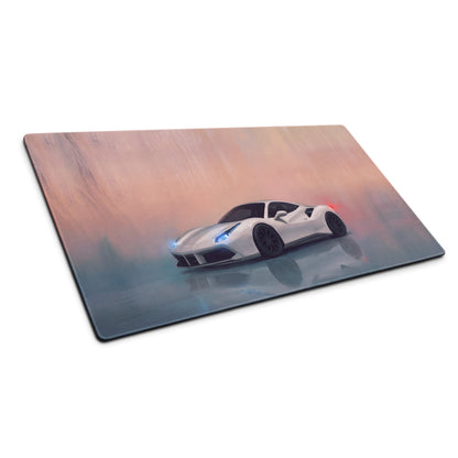 Ferrari 488 gtb inspired bianco edition desk mat with white ferrari sports car graphic on gradient sky background