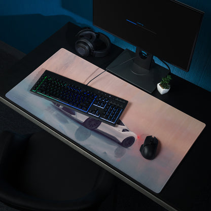 A sleek translucent gaming mousepad featuring a white ferrari 488 gtb graphic with black accents and blue lighting effects
