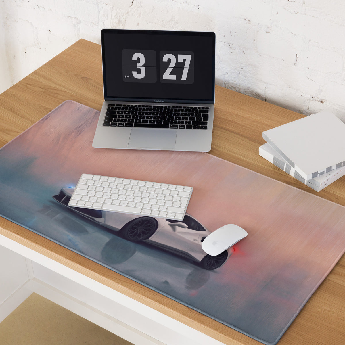A sleek translucent bianco edition xl gaming mousepad with high resolution silver ferrari 488 gtb print on a gradient sky