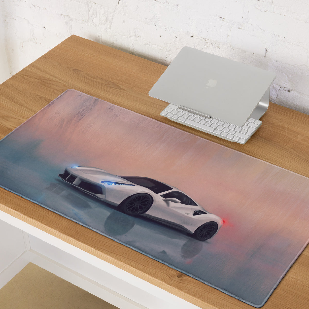Ferrari 488 gtb inspired bianco edition desk mat featuring a sleek white sports car graphic on a transparent mousepad with blue and pink accents