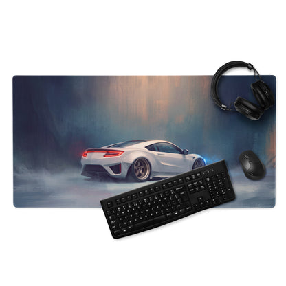 White sports car graphic gaming mousepad with non slip rubber base black keyboard and headphones nearby