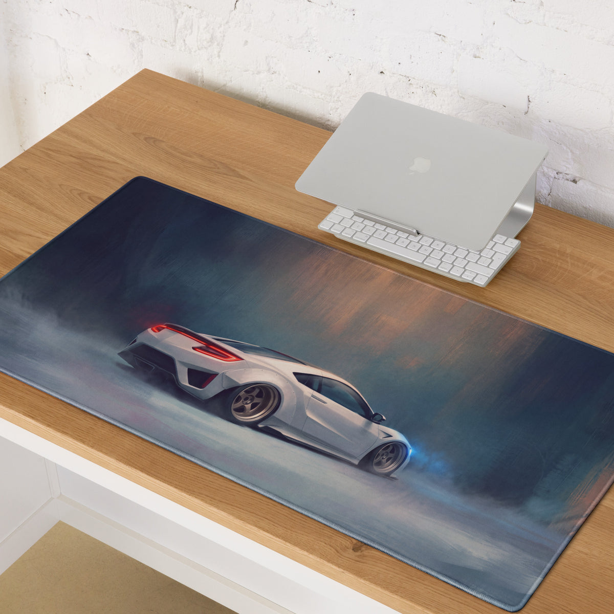 Acura nsx inspired widebody pure edition desk pad with a sleek white sports car on dark blue gray smoky background rubber base
