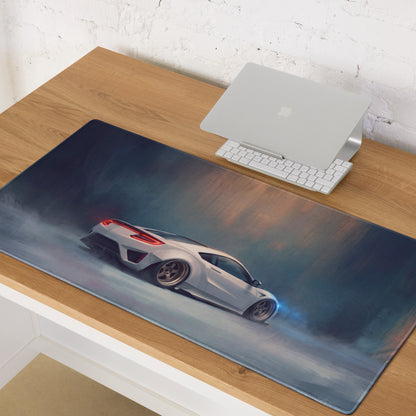 Acura nsx inspired widebody pure edition desk pad with a sleek white sports car on dark blue gray smoky background rubber base
