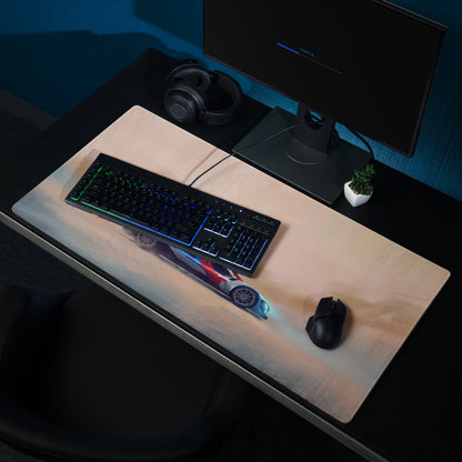Bmw m hybrid v8 inspired art car desk mat featuring a sleek light beige surface with a red and blue racing car graphic