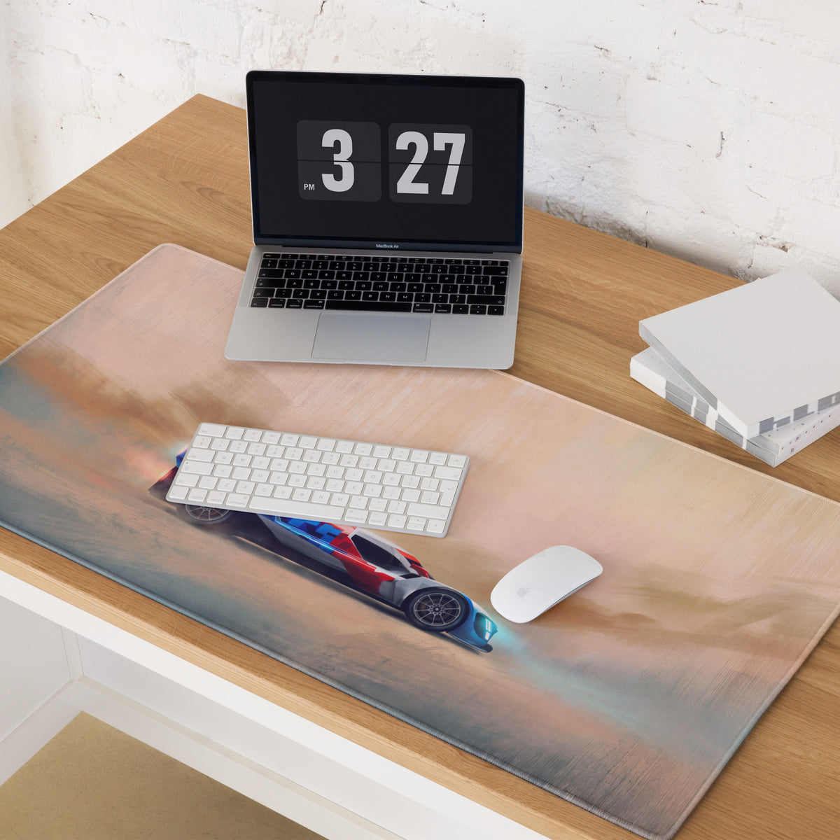 Beige rectangular bmw m hybrid v8 inspired art car desk mat with high-dpi smooth tracking and red blue racing car design