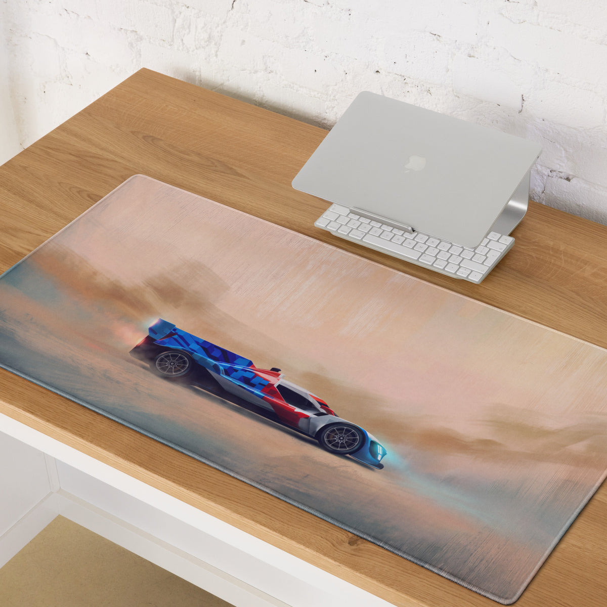 Bmw m hybrid v8 inspired art car desk mat with vibrant blue and red race car design for high-dpi smooth tracking