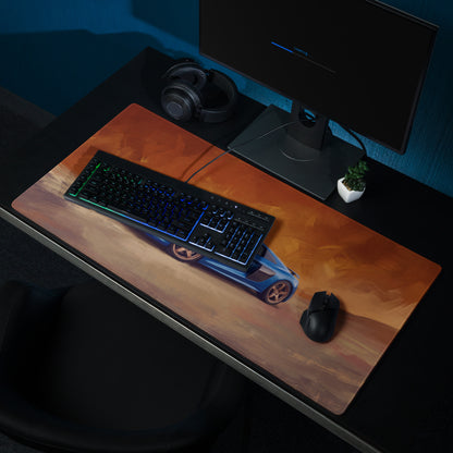 Audi r8 inspired sepang blue desk pad featuring a vibrant blue sports car with copper wheels on non-slip rubber base