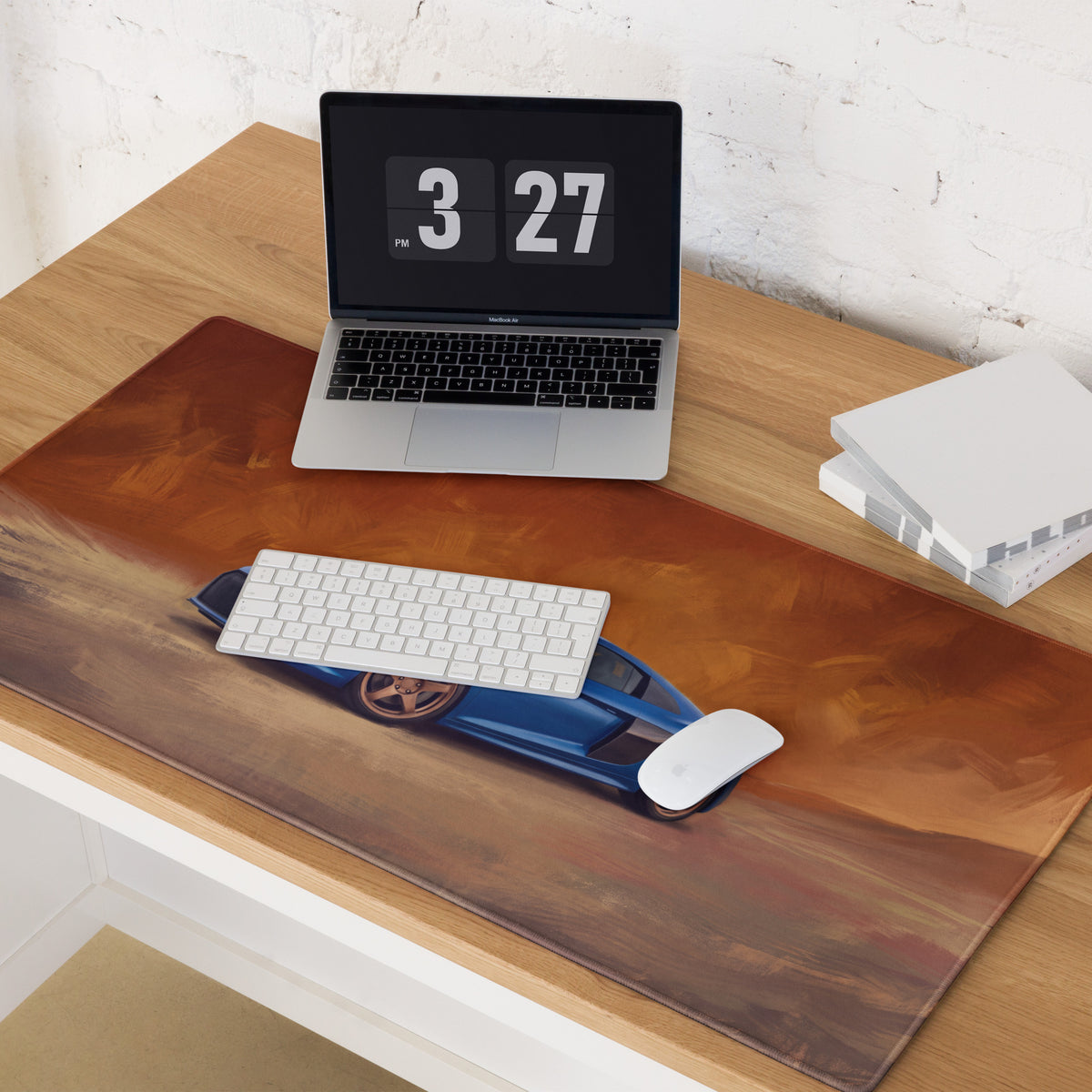 Audi r8 inspired sepang blue desk pad with blue sports car graphic on wooden textured non slip rubber base xl mouse mat