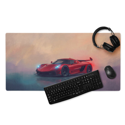 Koenigsegg jesko inspired cherry red desk pad with red koenigsegg hypercar graphic on rectangular gaming mouse mat
