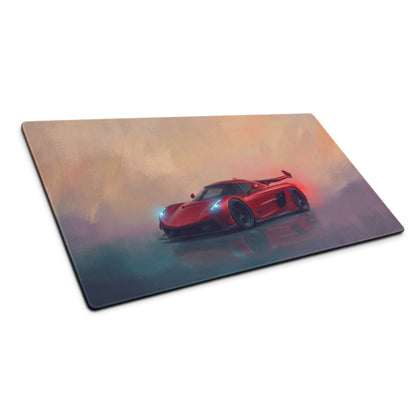 Koenigsegg jesko inspired cherry red desk pad with red sports car graphic and gradient warm cool tone background