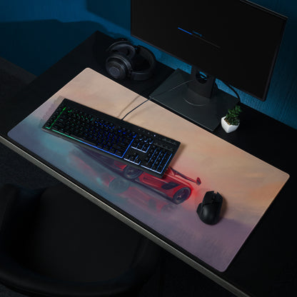 Red sports car graphic printed on a sleek rectangular koenigsegg jesko inspired cherry red gaming mousepad with gradient edges