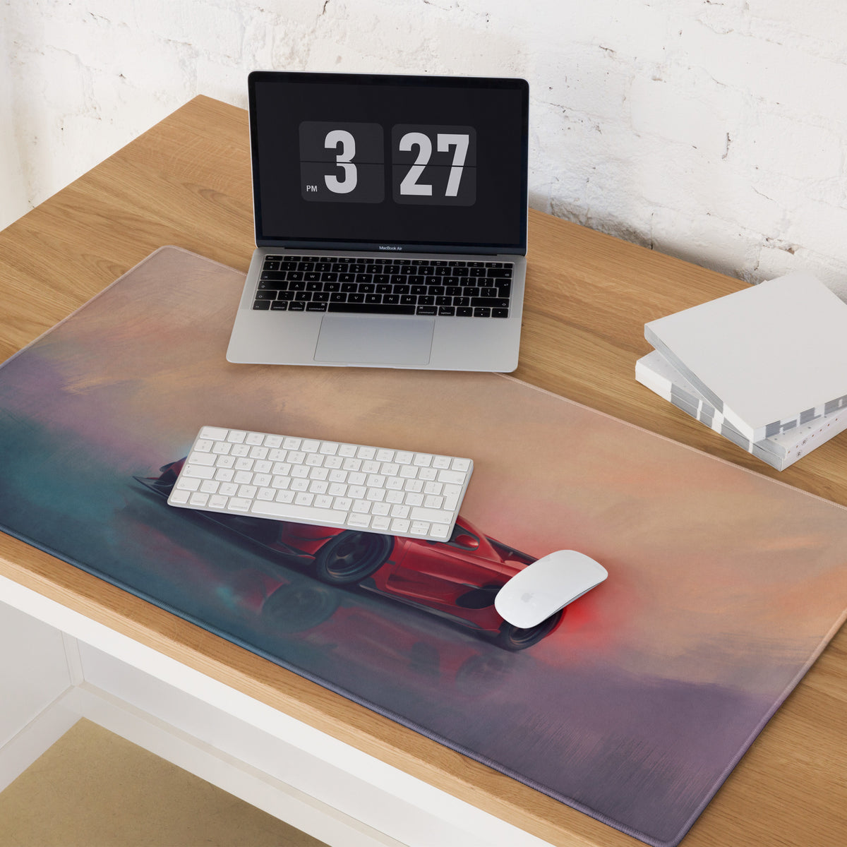Red sports car graphic on a translucent silicone koenigsegg jesko inspired cherry red desk pad for gaming use