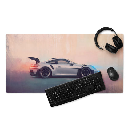 Silver porsche 911 gt3 rs inspired arrow desk pad featuring stitched edge xl gaming mouse mat with sports car print