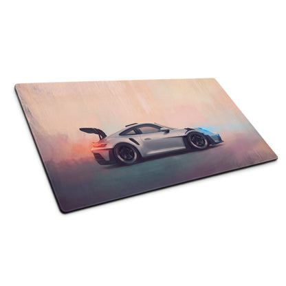 Silver Porsche sports car graphic printed on stitched edge XL gaming mousepad with gradient sunset background