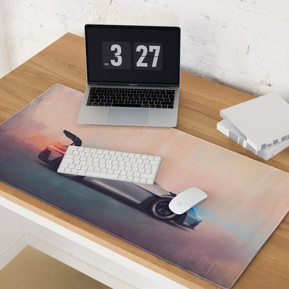 Rectangular soft-textured gaming mousepad with stitched edge featuring delorean time machine against sunset sky