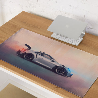 Silver porsche 911 gt3 rs inspired desk pad with stitched edge and soft textured surface for gaming mouse use