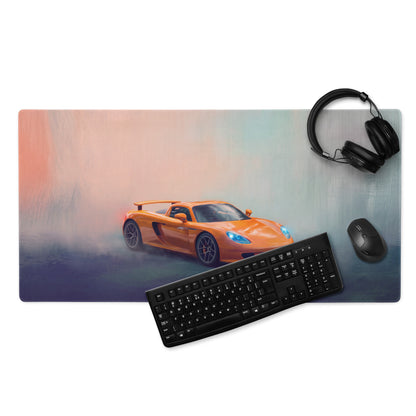 Porsche carrera gt inspired arancio edition desk mat with orange sports car graphic on ultra-glide cloth surface