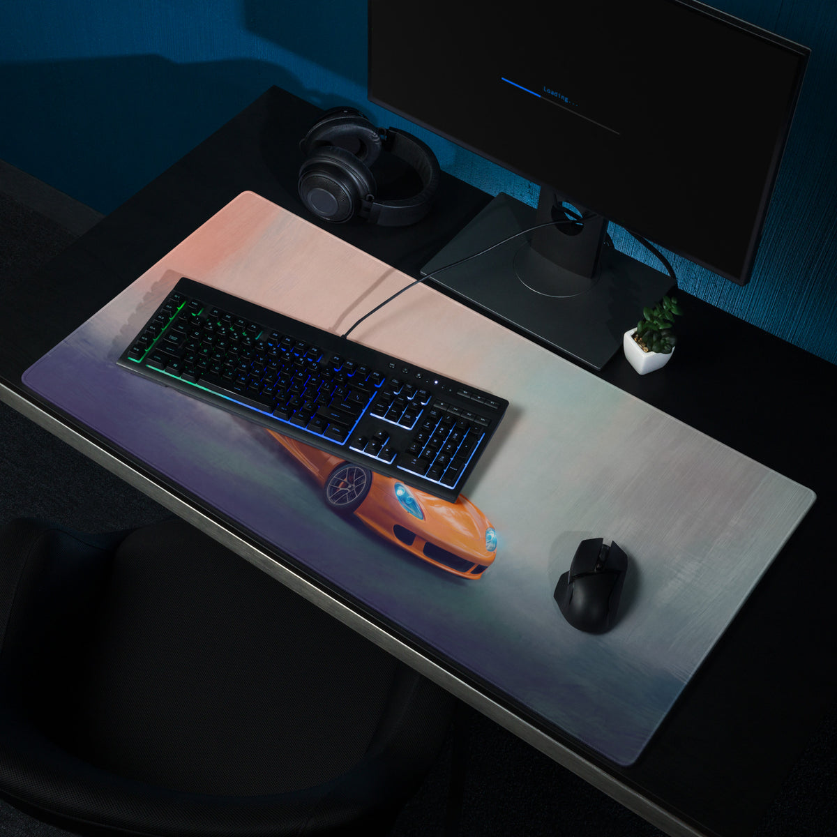 Porsche carrera gt inspired arancio edition desk mat with orange sports car graphic on ultra-glide cloth mousepad