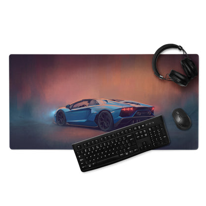 Blue Lamborghini Aventador sports car graphic printed on non-slip rubber gaming mousepad rectangular desk mat
