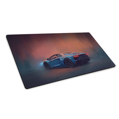 Blue lamborghini aventador convertible illustration on a non slip rubber gaming mousepad rectangular desk mat
