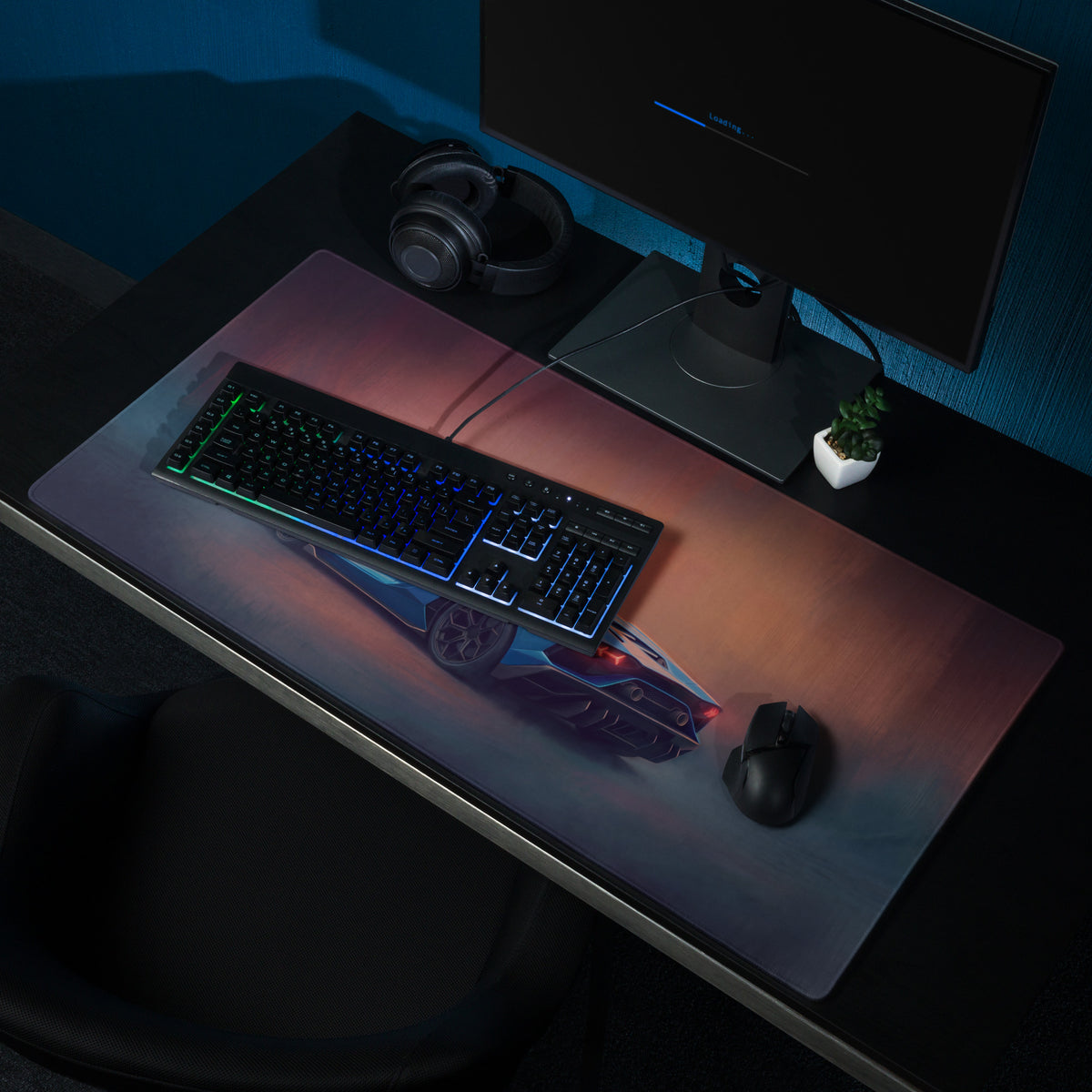 A sleek rectangular non-slip rubber gaming mousepad with a vibrant blue and red Lamborghini Aventador Roadster graphic