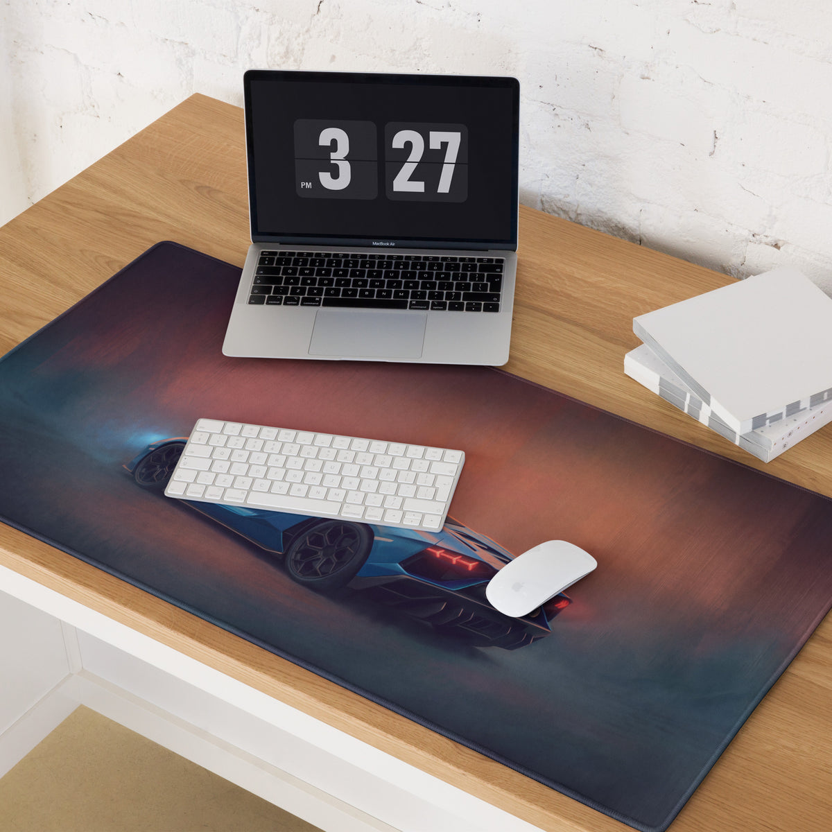 A rectangular non-slip rubber gaming mousepad with a vibrant blue Lamborghini Aventador Roadster graphic
