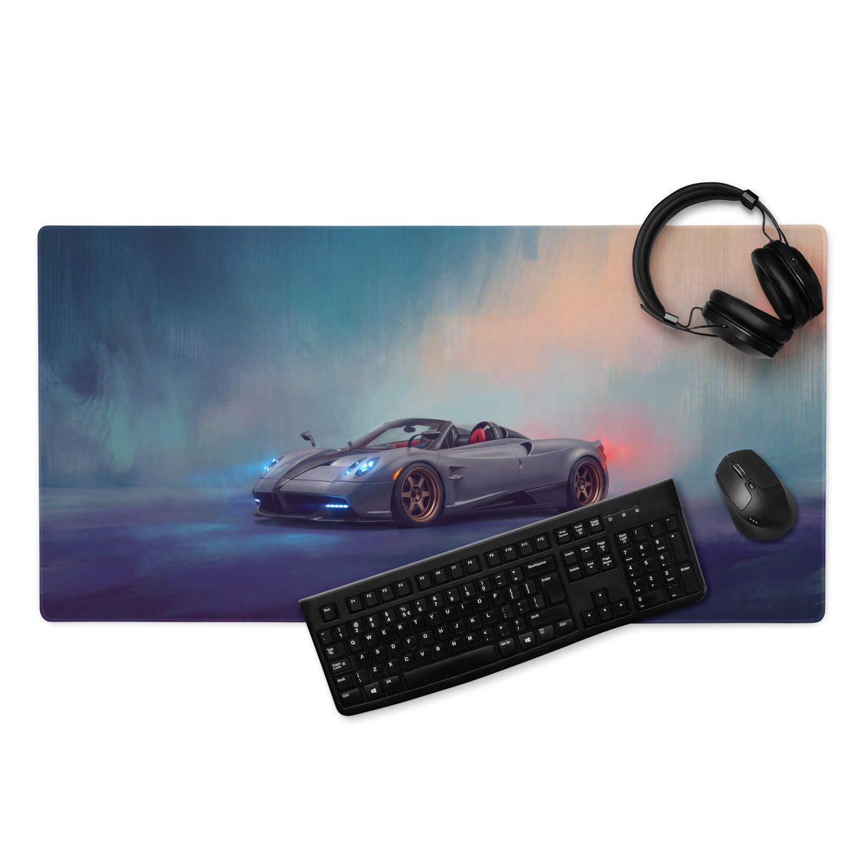 Gray pagani huayra convertible graphic printed on gold leaf stitched edge rectangular desk pad mouse mat