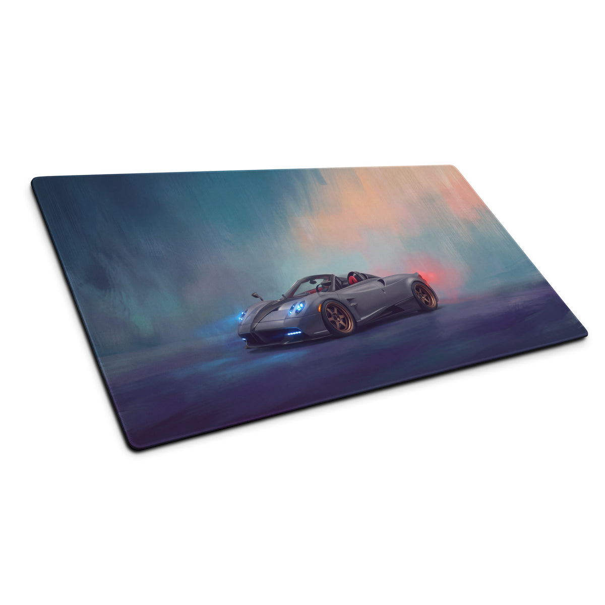 Gray pagani huayra convertible sports car illustration on a gold leaf stitched edge gaming desk pad mouse mat