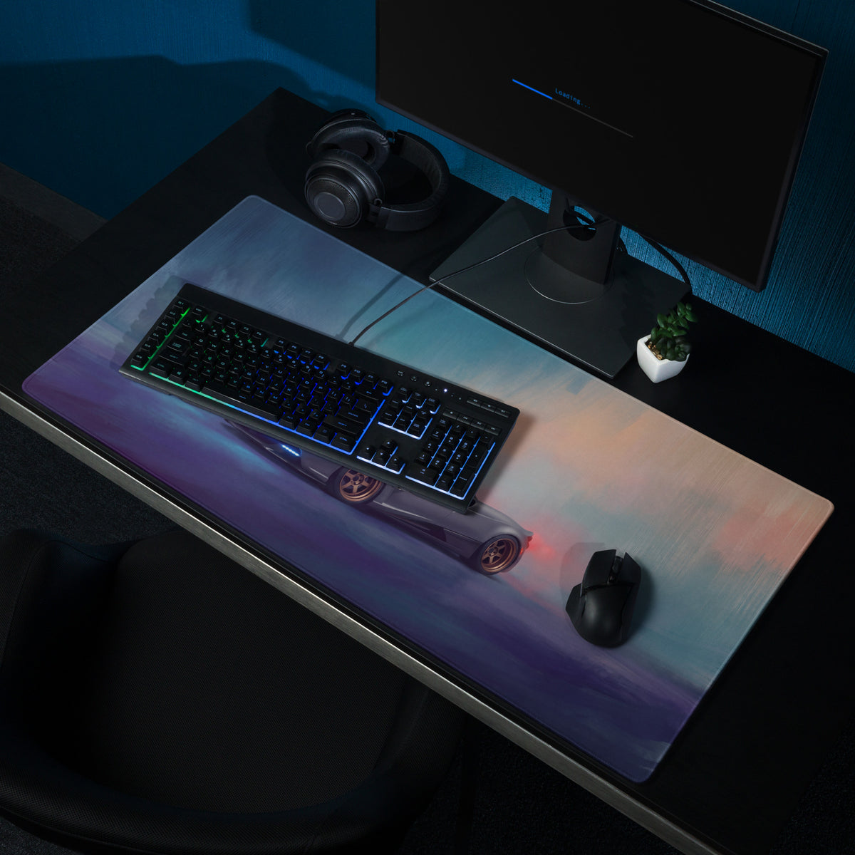 A sleek rectangular Pagani Huayra R inspired gold leaf desk pad with vibrant gradient and futuristic car graphic