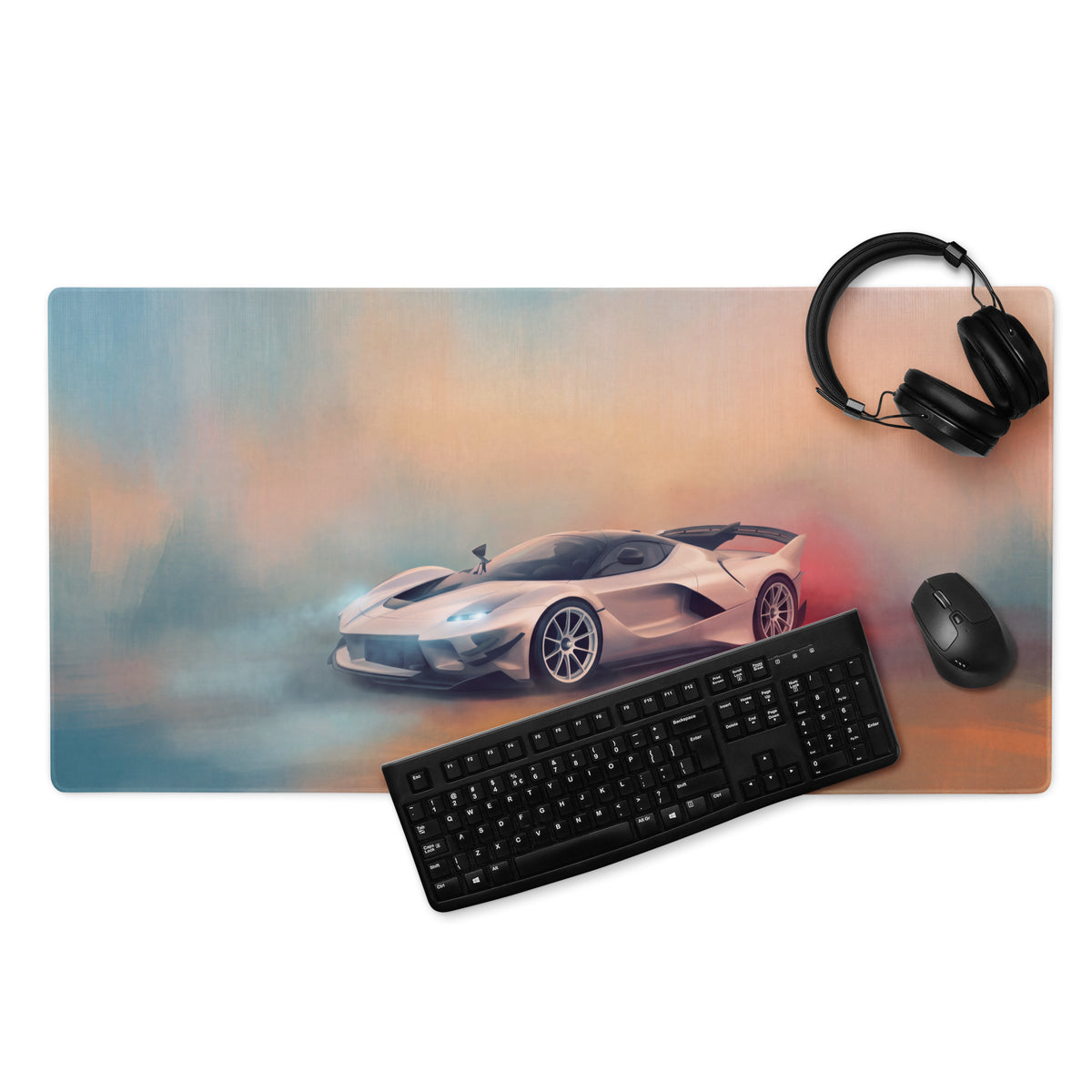 Ferrari fxx-k evo inspired apex edition low-friction xl gaming mousepad with metallic silver racing car graphic and peach blue gradient background