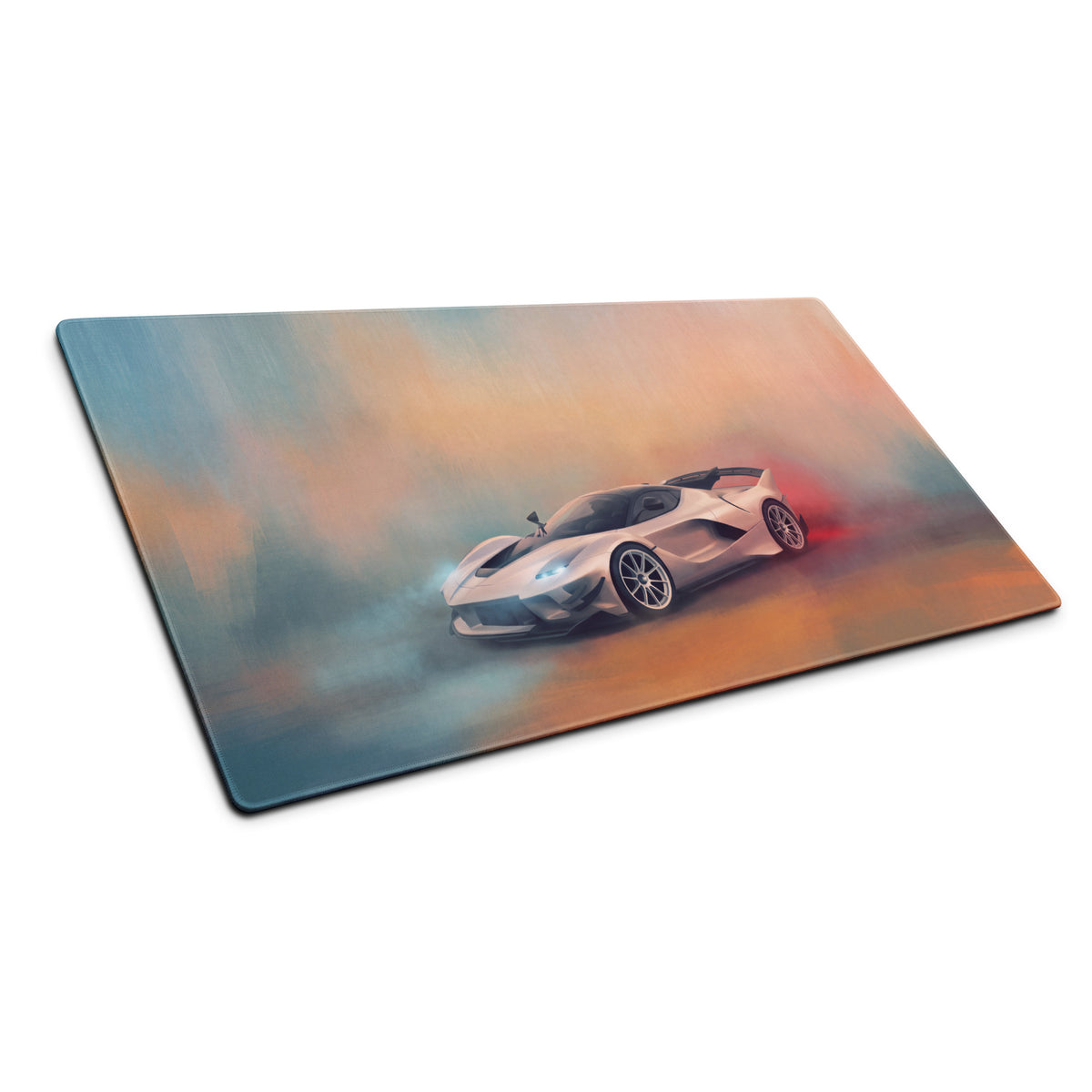 Rectangular xl gaming mousepad featuring a sleek silver ferrari fxx-k evo speeding through orange and blue sky