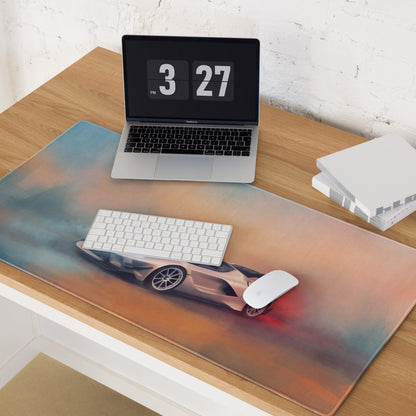 A sleek rectangular ferrari fxx-k evo inspired xl gaming mousepad with vibrant tan sports car graphic and low-friction surface