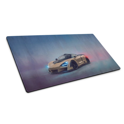 Rectangular gaming mousepad with a gold and black McLaren Senna illustration and non-slip rubber base desk mat