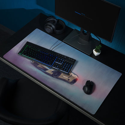 A sleek rectangular McLaren 720S inspired Sahara gold gaming mousepad with vibrant beige sports car graphic and non-slip rubber base
