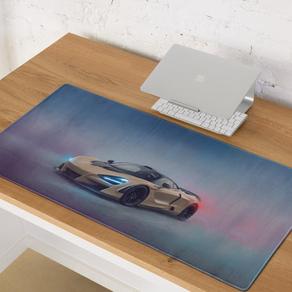 Beige mclaren 720s inspired sahara gold desk pad with soft textured surface and non slip rubber base mouse mat