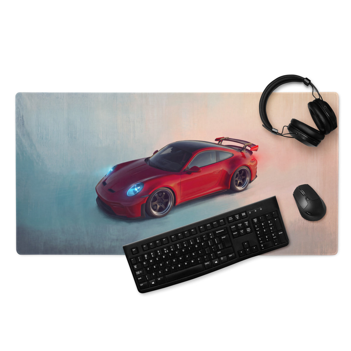 Red porsche 911 gt3 rs inspired crimson aerial graphic printed on rectangular low friction gaming mousepad