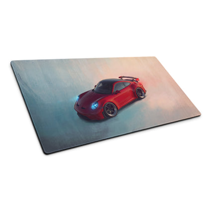 Red Porsche sports car illustration on a rectangular glass cutting board for Porsche 911 GT3 RS inspired desk mat