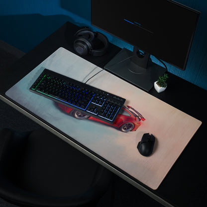 Red racing car graphic on crimson low-friction gaming mousepad inspired by porsche 911 gt3 rs aerial design