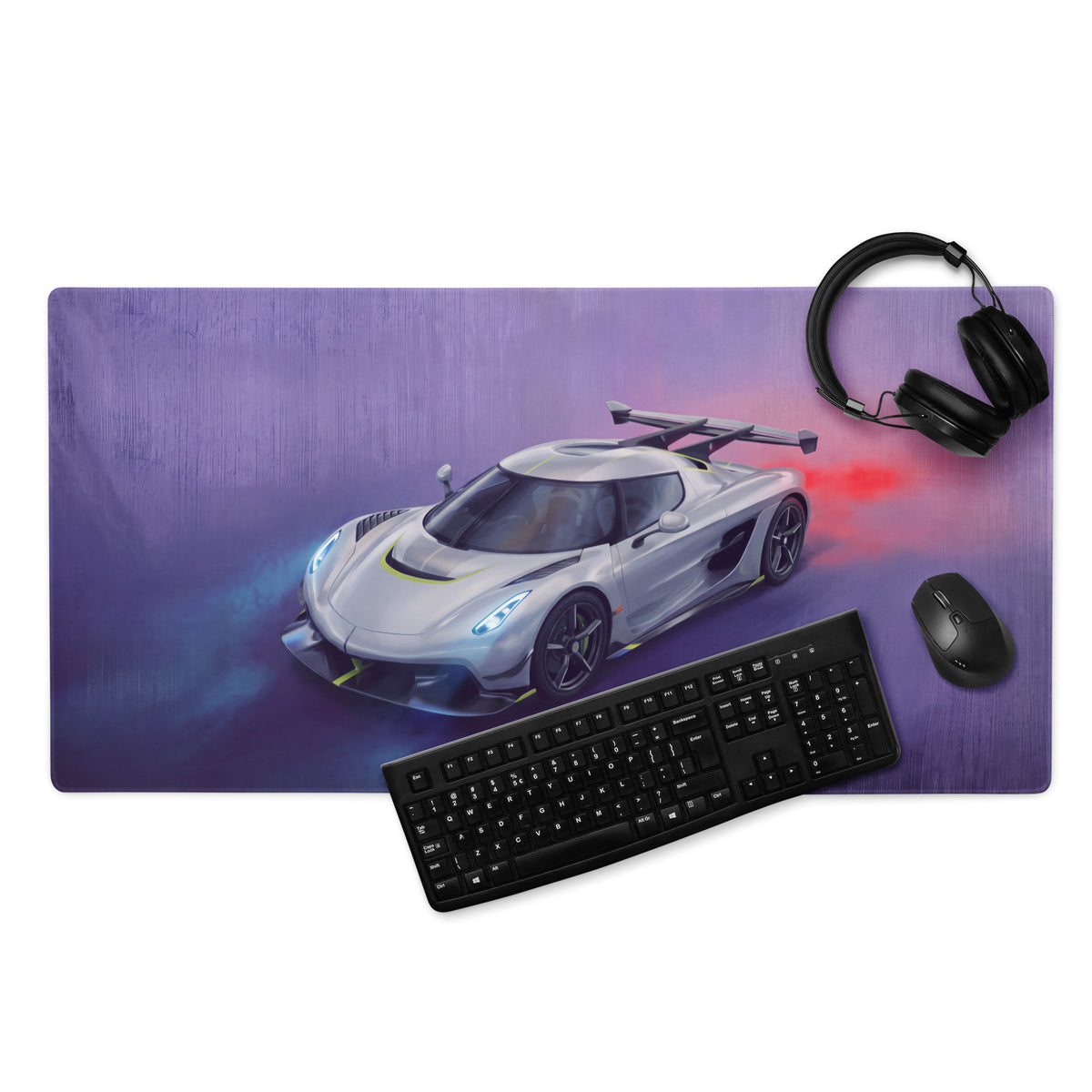 Koenigsegg jesko inspired silver and black hypercar graphic on purple ultra smooth low friction gaming desk pad