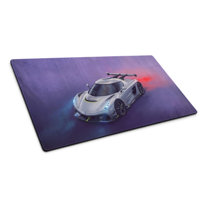 Koenigsegg jesko inspired silver apex desk pad with ultra-smooth low-friction surface and purple red ambient lighting effects