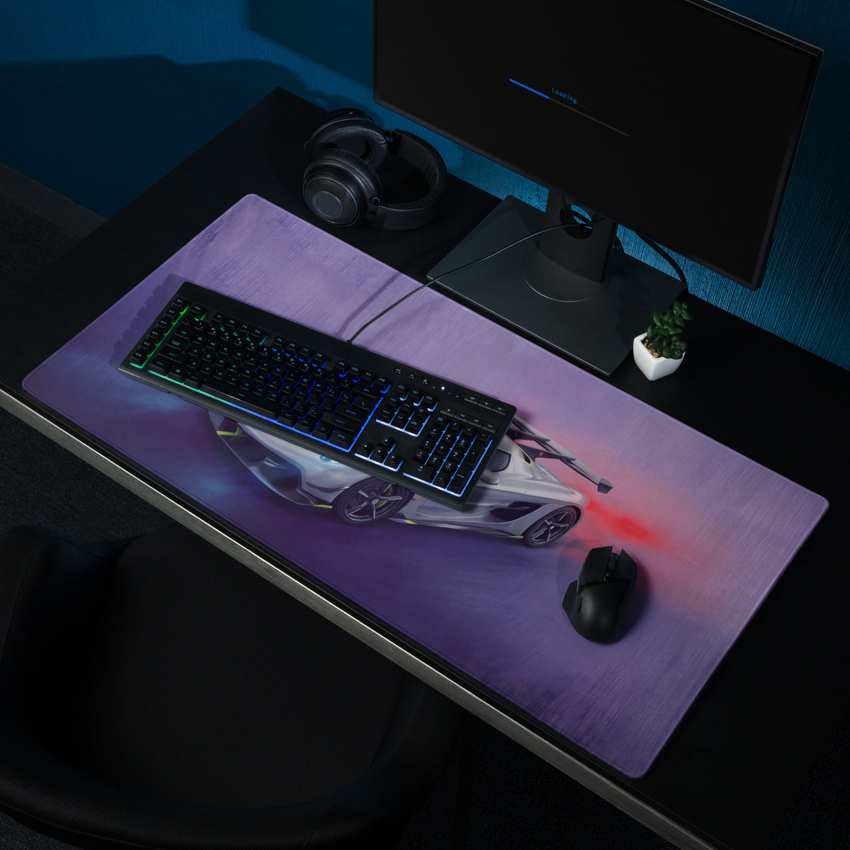Purple koenigsegg jesko inspired silver apex desk pad with white sports car and red exhaust flames ultra-smooth mouse mat