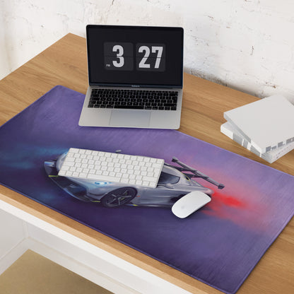 Koenigsegg Jesko inspired silver apex desk pad purple racing car themed mousepad with sleek silver sports car graphic and red exhaust trail